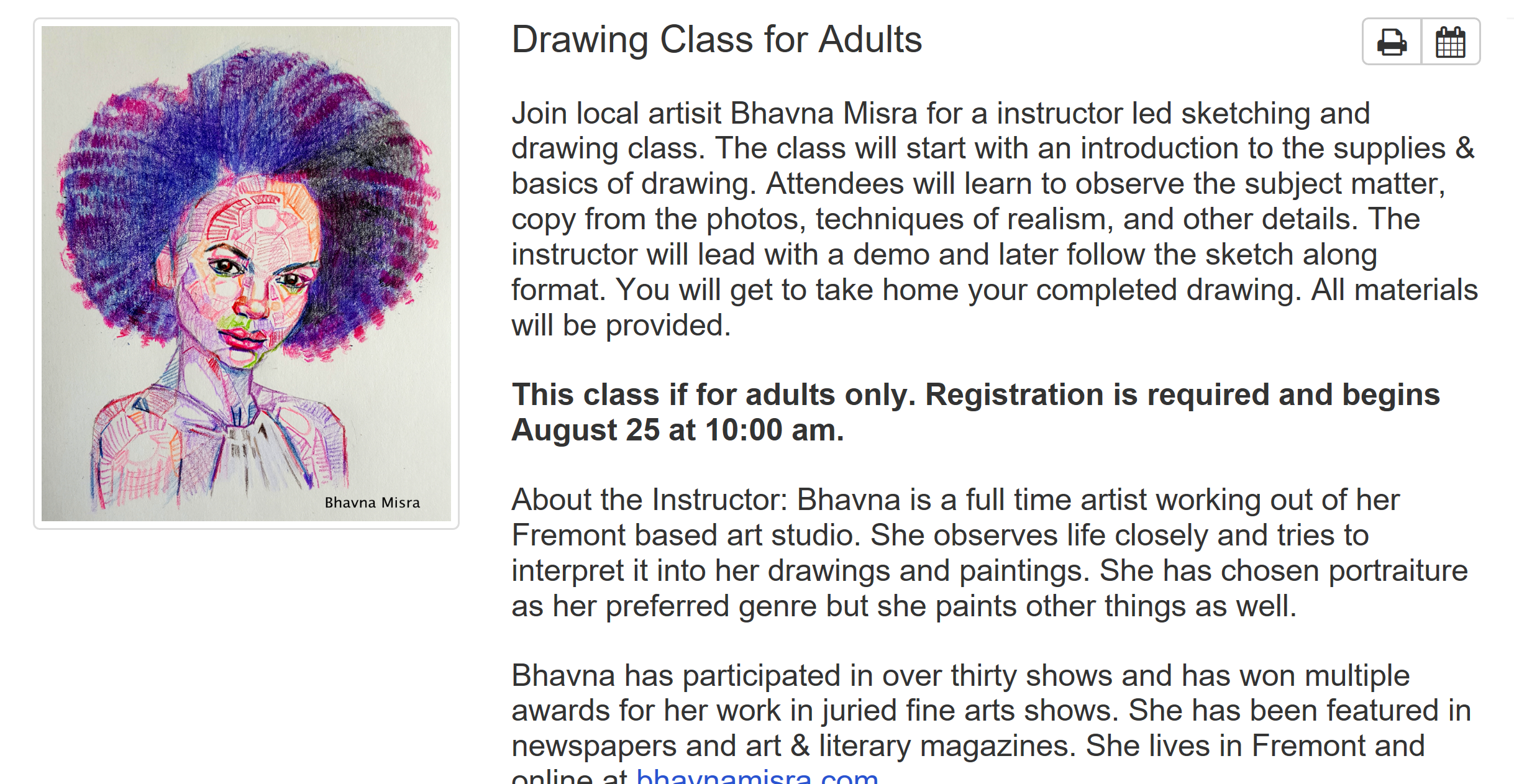 Drawing Class for Adults at Centerville